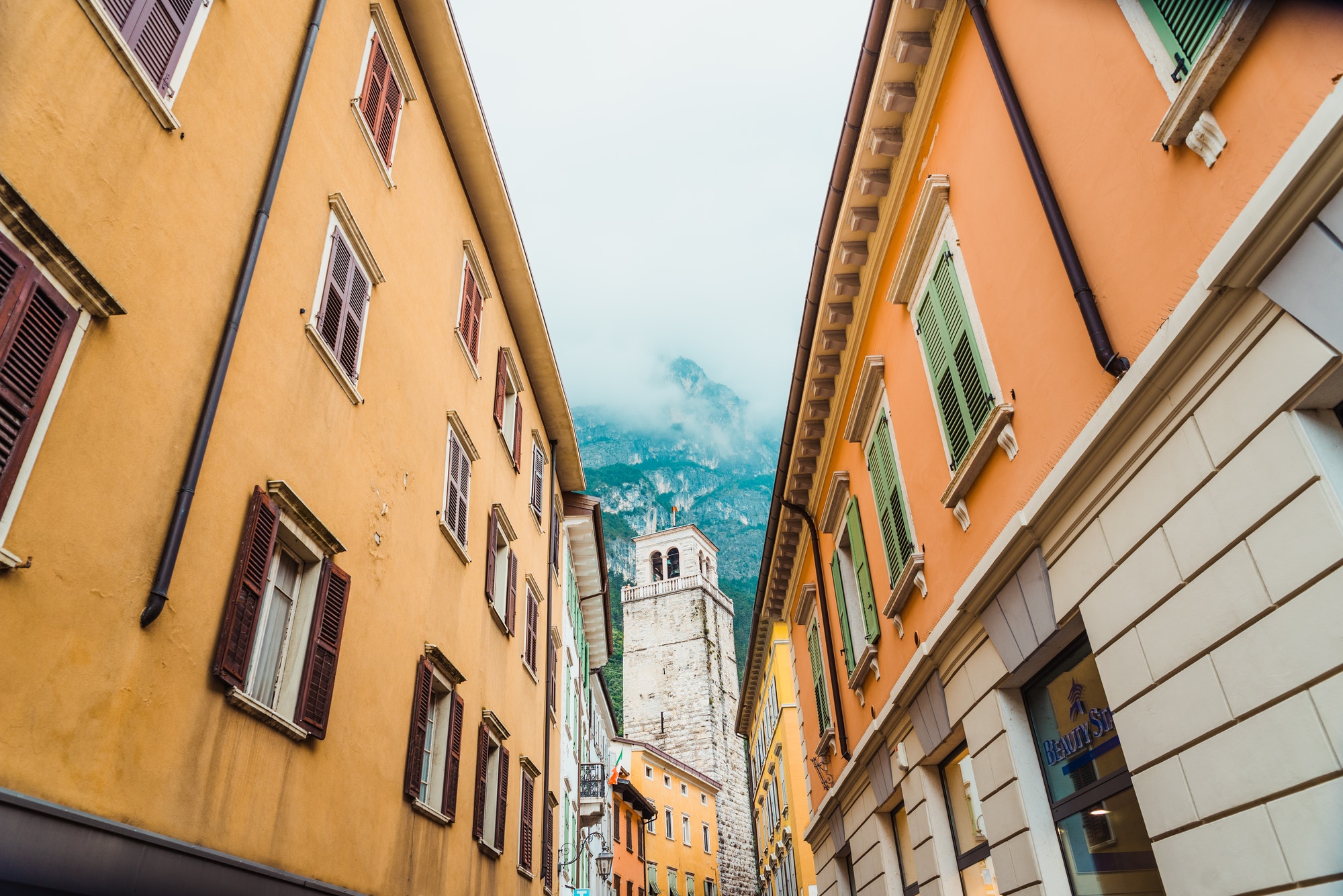 Streets of the beautiful Italian town of Riva at the foot of the mountains and on Lake Garda