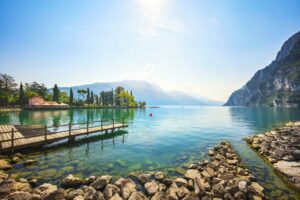 Wooden pier on the lake. Riva del Garda, Italy